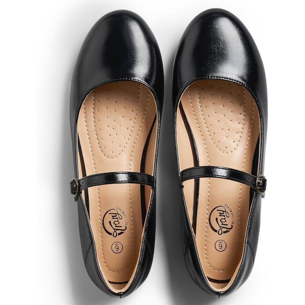 Trary Women New BlackLeather Round Toe Mary Jane Ankle Strap Ballet Flats Shoes - Picture 3 of 7
